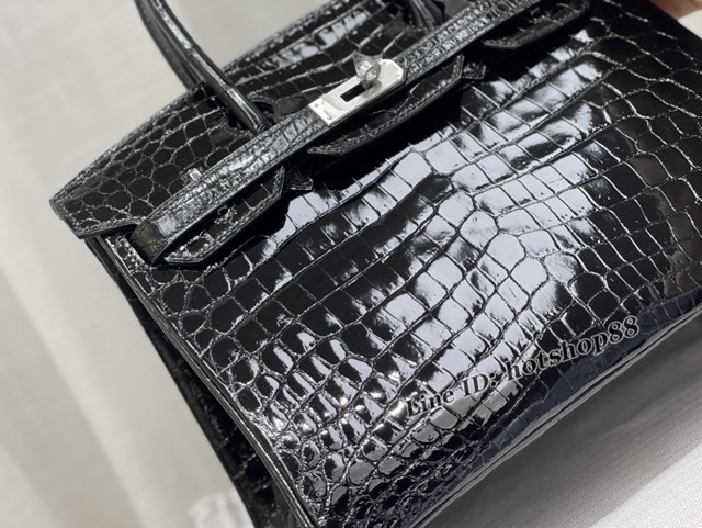 Hermes專櫃鉑金手提女包 愛馬仕Birkin30黑色高光尼羅鱷魚肚皮蜜蠟線全手工縫製手袋 zhh1090